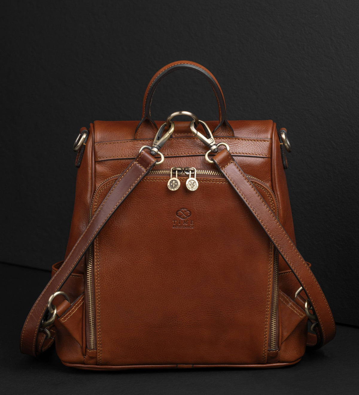 Womens Cognac Brown Leather Convertible Backpack Shoulder Bag - The Waves