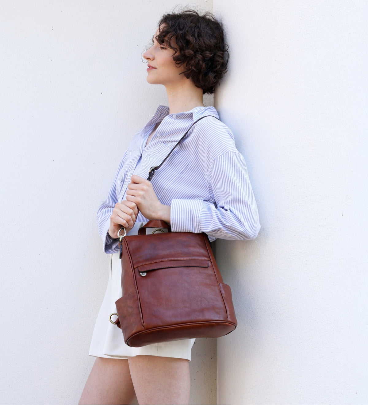 Womens Cognac Brown Leather Convertible Backpack Shoulder Bag - The Waves