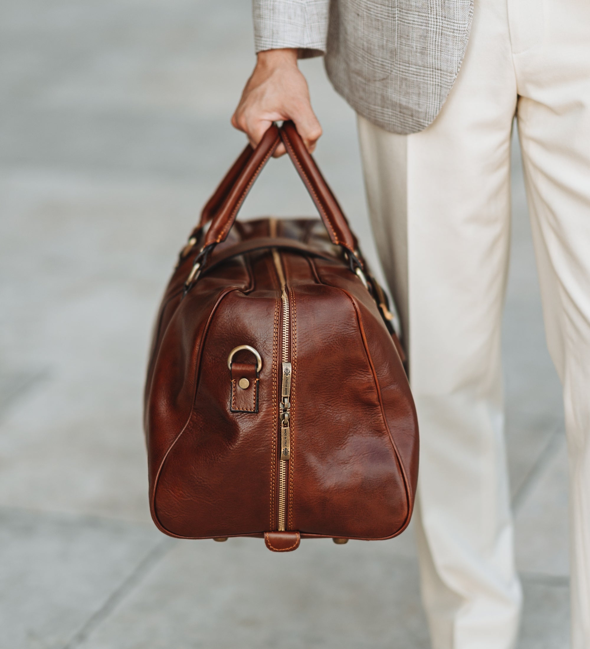 Cognac Brown Matte Leather Duffel Bag - Tender Is the Night