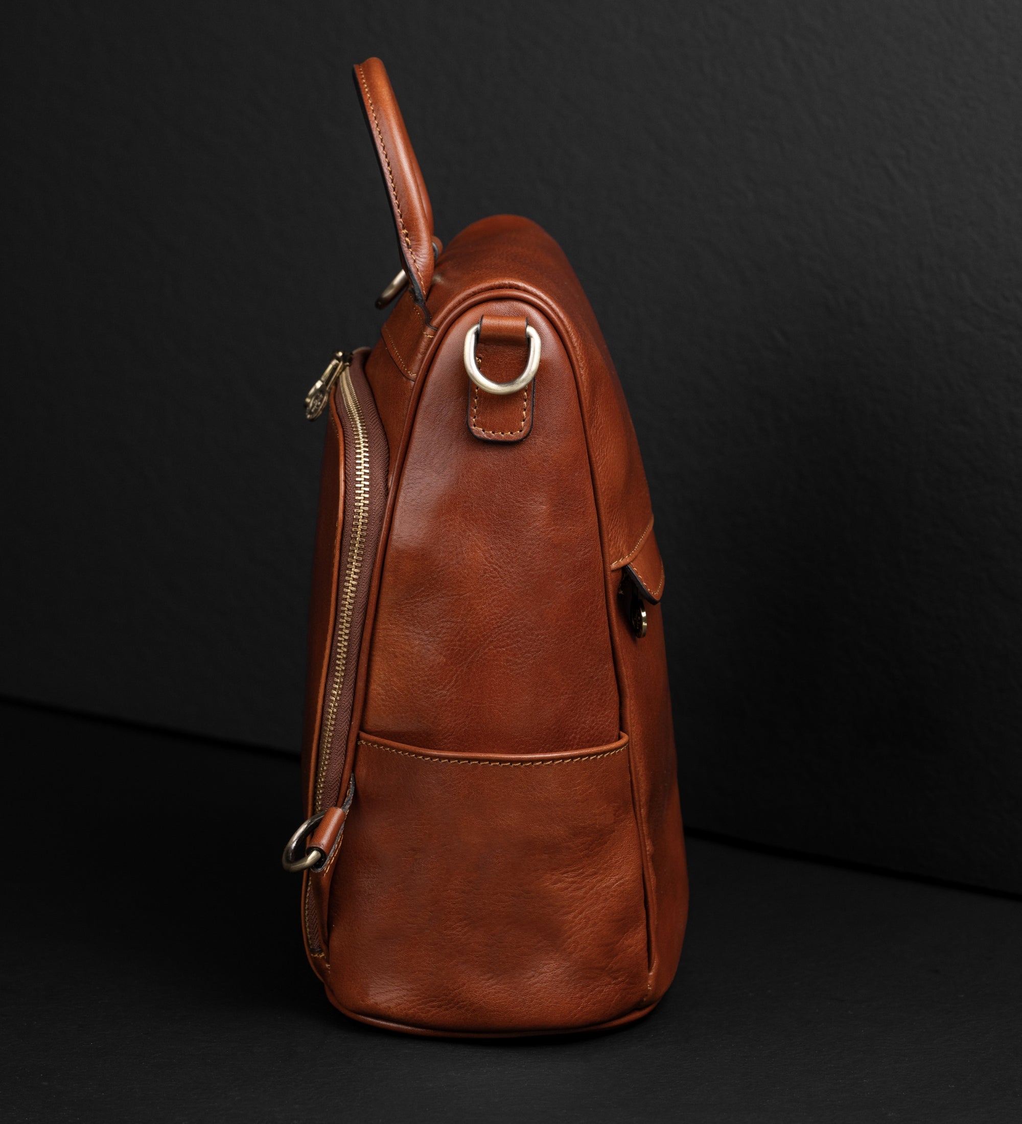 Womens Cognac Brown Leather Convertible Backpack Shoulder Bag - The Waves