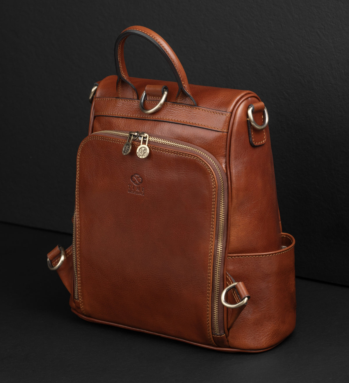 Womens Cognac Brown Leather Convertible Backpack Shoulder Bag - The Waves