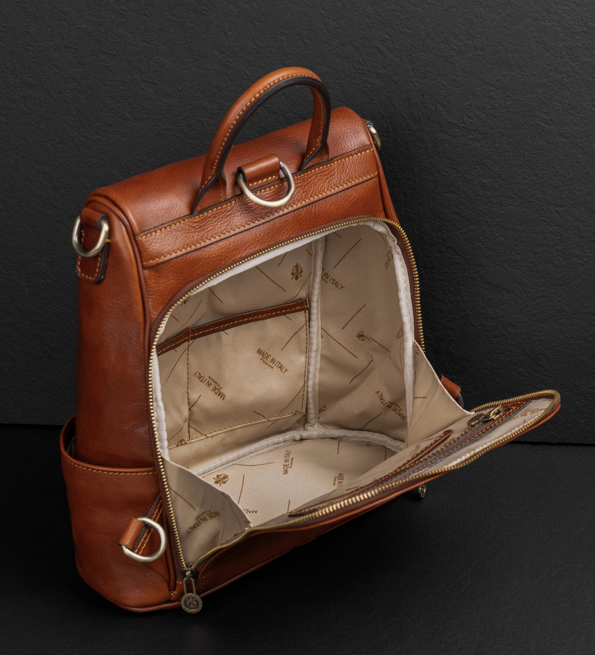 Womens Cognac Brown Leather Convertible Backpack Shoulder Bag - The Waves