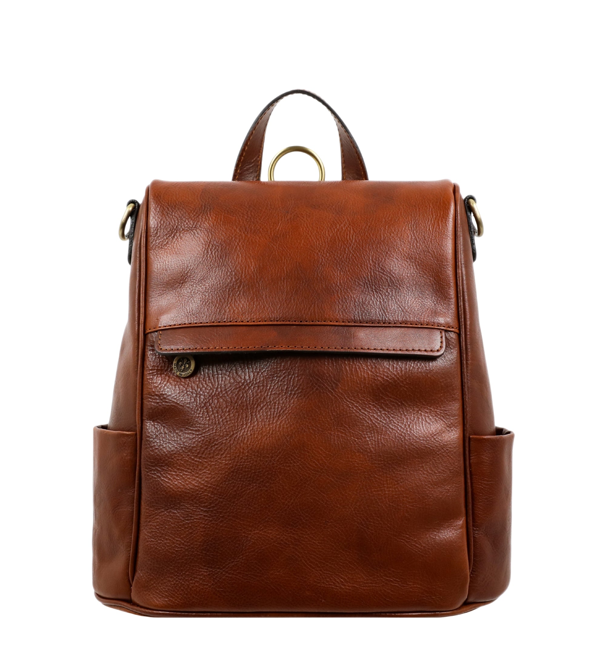 Womens Cognac Brown Leather Convertible Backpack Shoulder Bag - The Waves