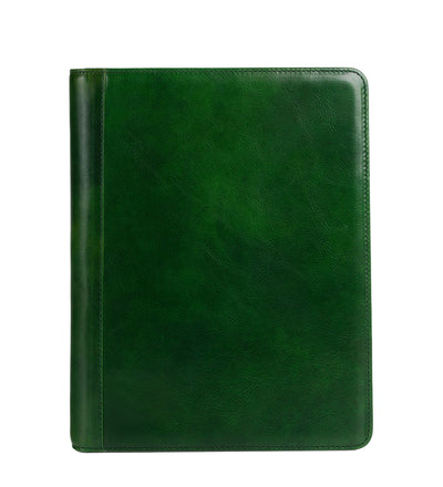Time Resistance Something Fresh leather portfolio in green, front view on a white background