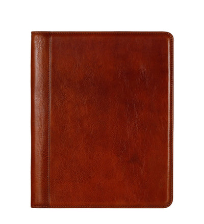 Time Resistance Something Fresh leather portfolio in cognac brown, front view on a white background