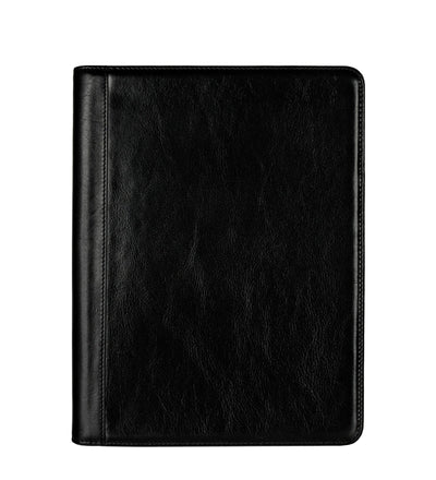 Time Resistance Something Fresh leather portfolio in black, front view on a white background