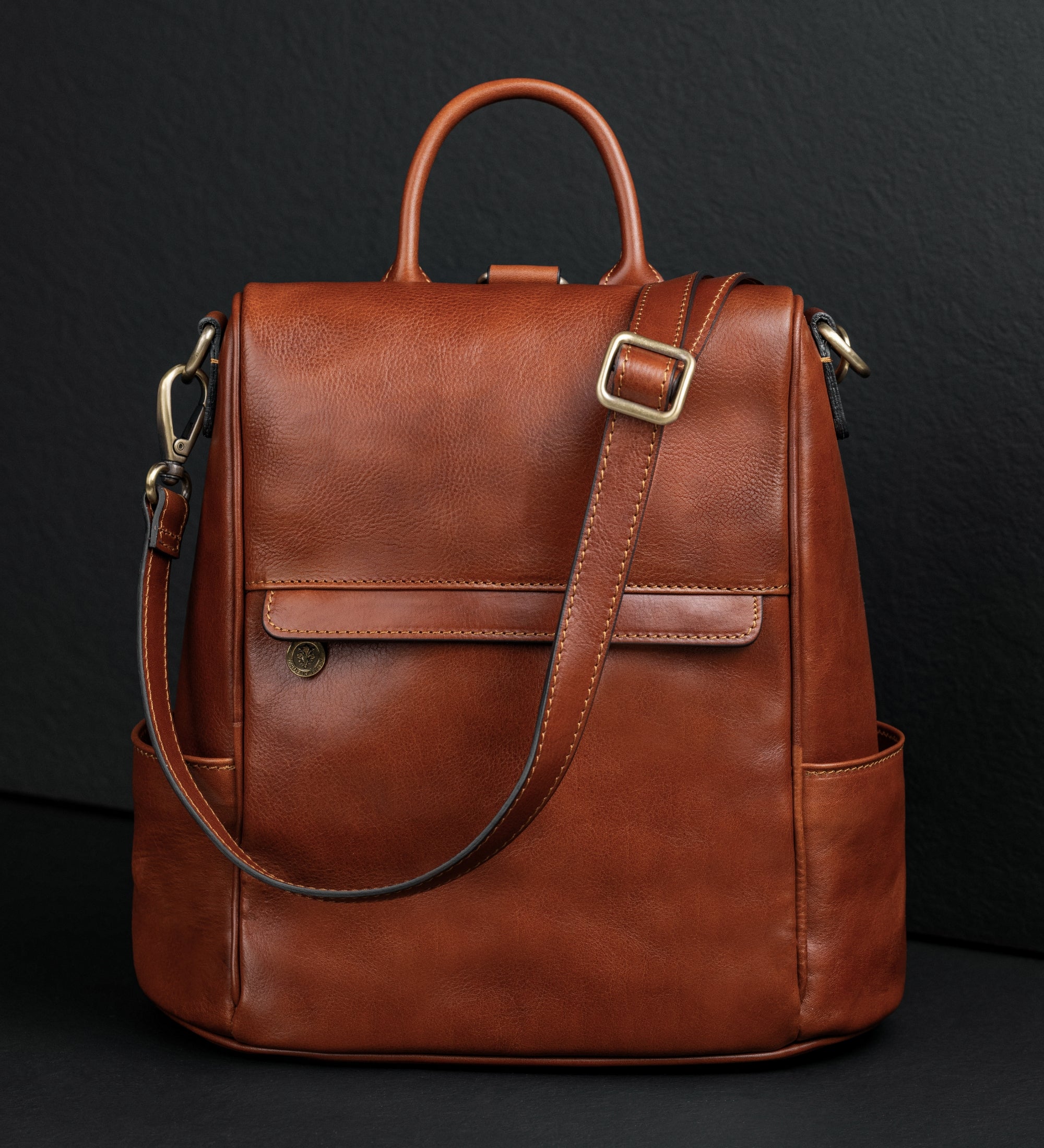 Womens Cognac Brown Leather Convertible Backpack Shoulder Bag - The Waves